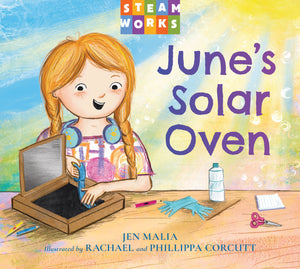 Book cover of 'June's Solar Oven' with a girl and solar oven illustration.